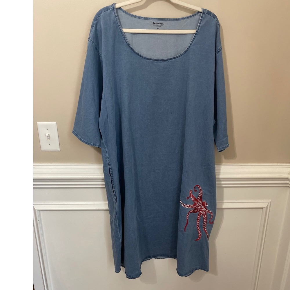 Svaha USA Womens 4XL Blue Denim Octopus Embroidered Pocket Shift Dress